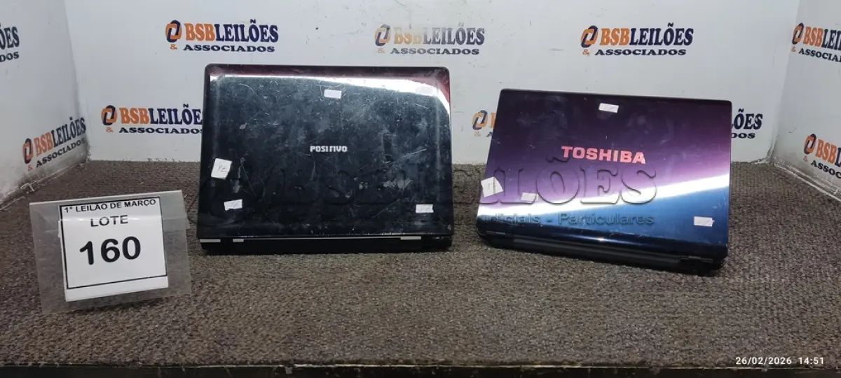 LOTE 160 - 02 NOTEBOOKS MARCAS TOSHIBA E POSITIVO. (NO ESTADO) ATENÇÃO! FAZER A VISITAÇÃO ANTES DE ARREMATAR, NÃO SABEMOS SE FUNCIONA, LEILÃO NÃO TEM GARANTIA E NEM DEVOLUÇÃO, SUJEITO A POSSÍVEIS AVARIAS VISÍVEIS/OCULTAS E/OU AUSÊNCIA DE COMPONENTES.