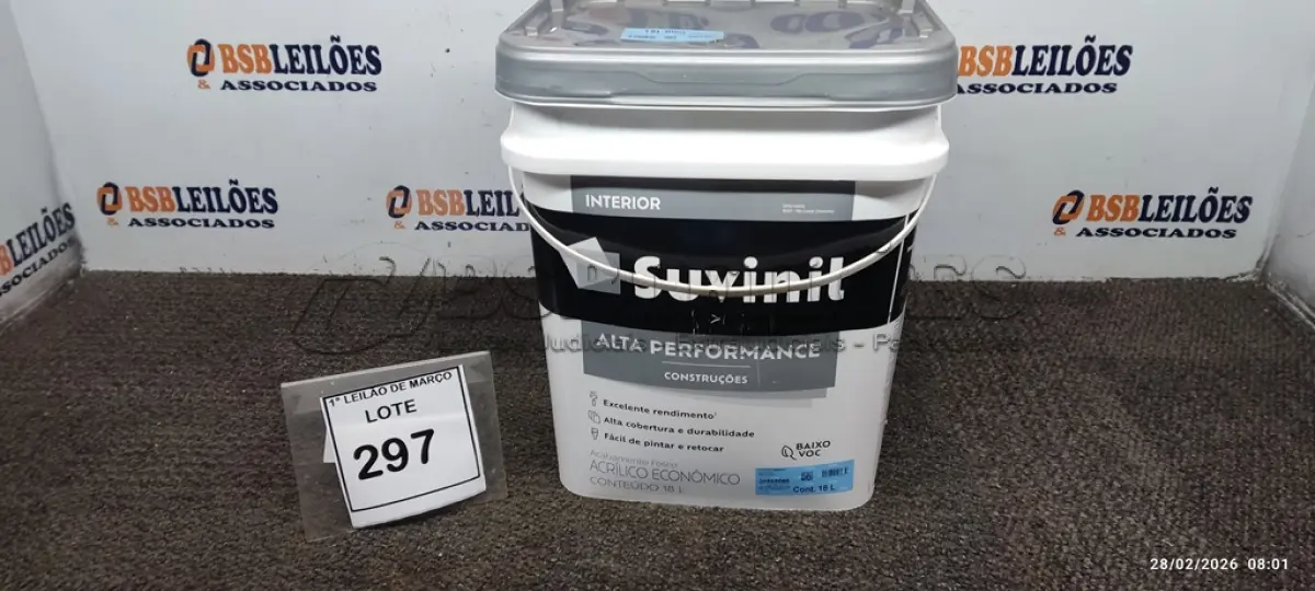 LOTE 297 - 01 BALDE DE TINTA ACRÍLICA INTERIOR DE 18L NA COR FOSCO BRANCO MARCA SUVINIL. (NO ESTADO) ATENÇÃO! FAZER A VISITAÇÃO ANTES DE ARREMATAR, NÃO SABEMOS SE FUNCIONA. LEILÃO NÃO TEM GARANTIA E NEM DEVOLUÇÃO, SUJEITO A POSSÍVEIS AVARIAS VISÍVEIS/OCULTAS E/OU AUSÊNCIA DE COMPONENTES.
