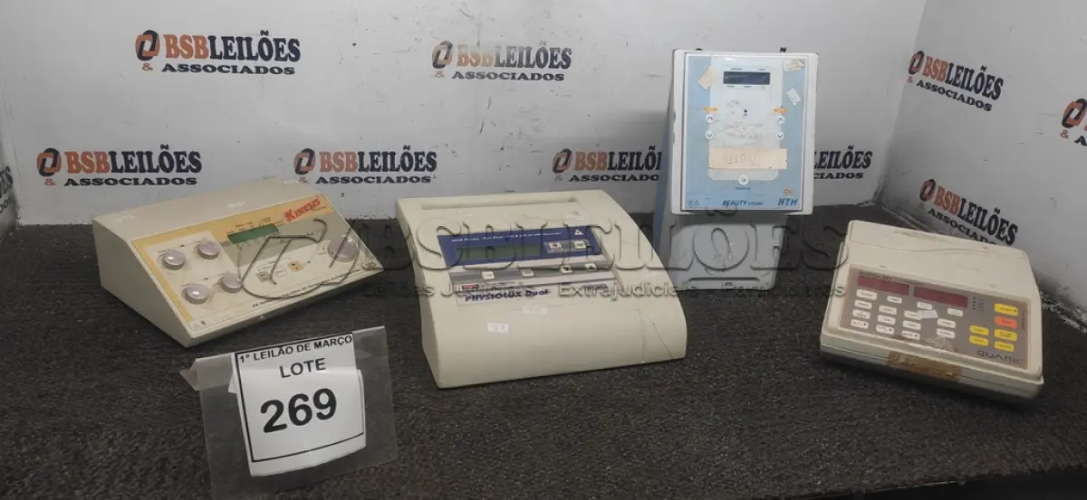 LOTE 269 - 04 APARELHOS DE TERAPIA ESTÉTICA DE MARCAS E MODELOS DIVERSOS. (NO ESTADO) ATENÇÃO! FAZER A VISITAÇÃO ANTES DE ARREMATAR, NÃO SABEMOS SE FUNCIONA, LEILÃO NÃO TEM GARANTIA E NEM DEVOLUÇÃO, SUJEITO A POSSÍVEIS AVARIAS VISÍVEIS/OCULTAS E/OU AUSÊNCIA DE COMPONENTES.
