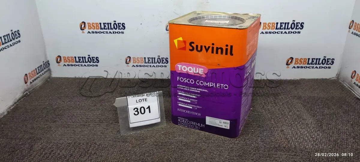 LOTE 301 - 01 BALDE DE TINTA ACRÍLICA DE 18L ACABAMENTO FOSCO BRANCO NEVE MARCA SUVINIL. (NO ESTADO) ATENÇÃO! FAZER A VISITAÇÃO ANTES DE ARREMATAR, NÃO SABEMOS SE FUNCIONA. LEILÃO NÃO TEM GARANTIA E NEM DEVOLUÇÃO, SUJEITO A POSSÍVEIS AVARIAS VISÍVEIS/OCULTAS E/OU AUSÊNCIA DE COMPONENTES.