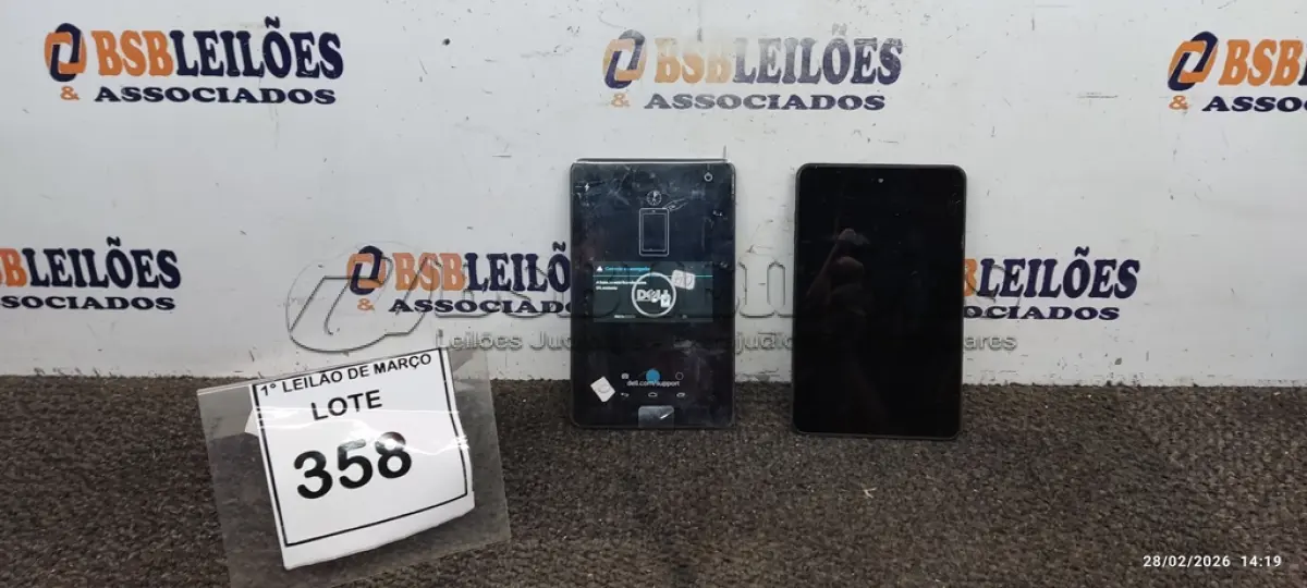 LOTE 358 - 02 TABLETS MARCA DELL SEM CARREGADOR. (NO ESTADO) ATENÇÃO! FAZER A VISITAÇÃO ANTES DE ARREMATAR, NÃO SABEMOS SE FUNCIONA, LEILÃO NÃO TEM GARANTIA E NEM DEVOLUÇÃO, SUJEITO A POSSÍVEIS AVARIAS VISÍVEIS/OCULTAS E/OU AUSÊNCIA DE COMPONENTES.