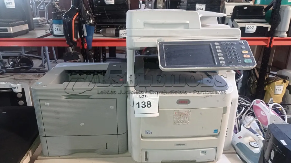 LOTE 138 - 01 IMPRESSORA MULTIFUNCIONAL MODELO MC780 MARCA OKI E 01 IMPRESSORA MODELO ML-5010ND MARCA SAMSUNG. (NO ESTADO) ATENÇÃO! FAZER A VISITAÇÃO ANTES DE ARREMATAR, NÃO SABEMOS SE FUNCIONA, LEILÃO NÃO TEM GARANTIA E NEM DEVOLUÇÃO, SUJEITO A POSSÍVEIS AVARIAS VISÍVEIS/OCULTAS E/OU AUSÊNCIA DE COMPONENTES.