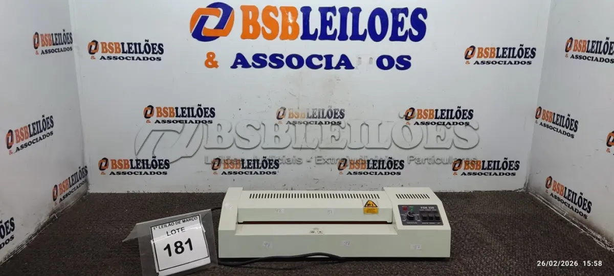 LOTE 181 - 01 LAMINADORA. (NO ESTADO) ATENÇÃO! FAZER A VISITAÇÃO ANTES DE ARREMATAR, NÃO SABEMOS SE FUNCIONA, LEILÃO NÃO TEM GARANTIA E NEM DEVOLUÇÃO, SUJEITO A POSSÍVEIS AVARIAS VISÍVEIS/OCULTAS E/OU AUSÊNCIA DE COMPONENTES.