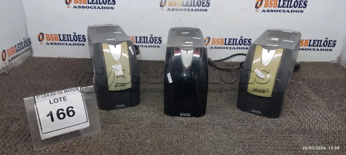LOTE 166 - 03 NOBREAKS DE 1.300VA MARCA SMS. (NO ESTADO) ATENÇÃO! FAZER A VISITAÇÃO ANTES DE ARREMATAR, NÃO SABEMOS SE FUNCIONA, LEILÃO NÃO TEM GARANTIA E NEM DEVOLUÇÃO, SUJEITO A POSSÍVEIS AVARIAS VISÍVEIS/OCULTAS E/OU AUSÊNCIA DE COMPONENTES.