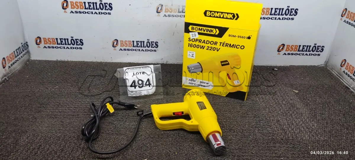 LOTE 494 - 01 SOPRADOR TÉRMICO 1.6000W 220V. (NO ESTADO) ATENÇÃO! FAZER A VISITAÇÃO ANTES DE ARREMATAR, NÃO SABEMOS SE FUNCIONA, LEILÃO NÃO TEM GARANTIA E NEM DEVOLUÇÃO, SUJEITO A POSSÍVEIS AVARIAS VISÍVEIS/OCULTAS E/OU AUSÊNCIA DE COMPONENTES.