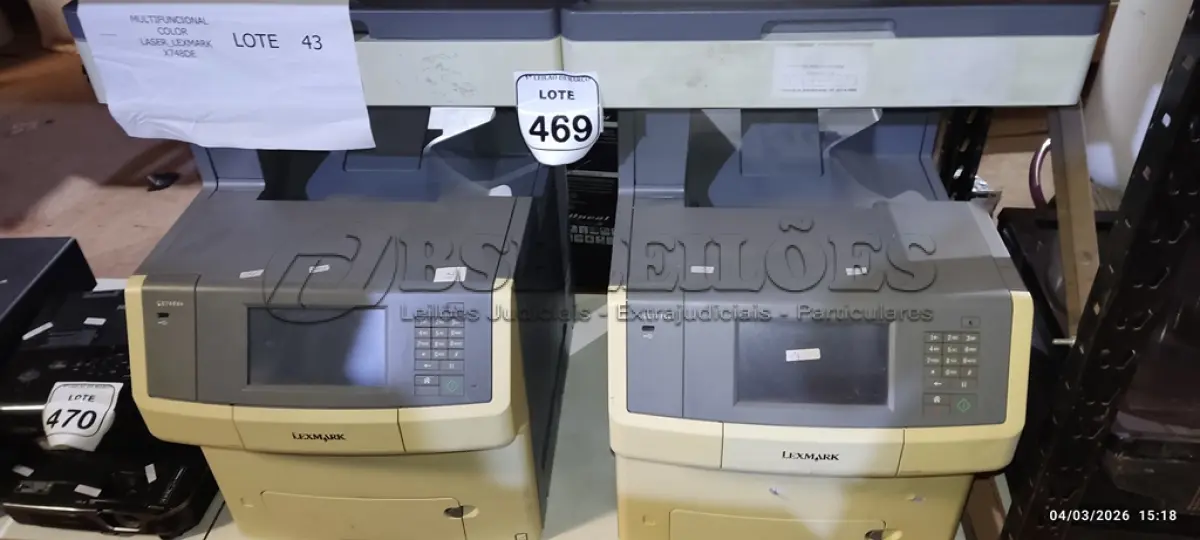 LOTE 469 - 02 IMPRESSORAS MODELO X748DE MARCA LEXMARK. (NO ESTADO) ATENÇÃO! FAZER A VISITAÇÃO ANTES DE ARREMATAR, NÃO SABEMOS SE FUNCIONA, LEILÃO NÃO TEM GARANTIA E NEM DEVOLUÇÃO, SUJEITO A POSSÍVEIS AVARIAS VISÍVEIS/OCULTAS E/OU AUSÊNCIA DE COMPONENTES.