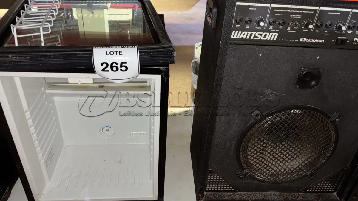 LOTE 265 - 01 CAIXA DE SOM AMPLIFICADA MARCA CICLOTRON E 01 FRIGOBAR COM AVARIAS. (NO ESTADO) ATENÇÃO! FAZER A VISITAÇÃO ANTES DE ARREMATAR, NÃO SABEMOS SE FUNCIONA, LEILÃO NÃO TEM GARANTIA E NEM DEVOLUÇÃO, SUJEITO A POSSÍVEIS AVARIAS VISÍVEIS/OCULTAS E/OU AUSÊNCIA DE COMPONENTES.