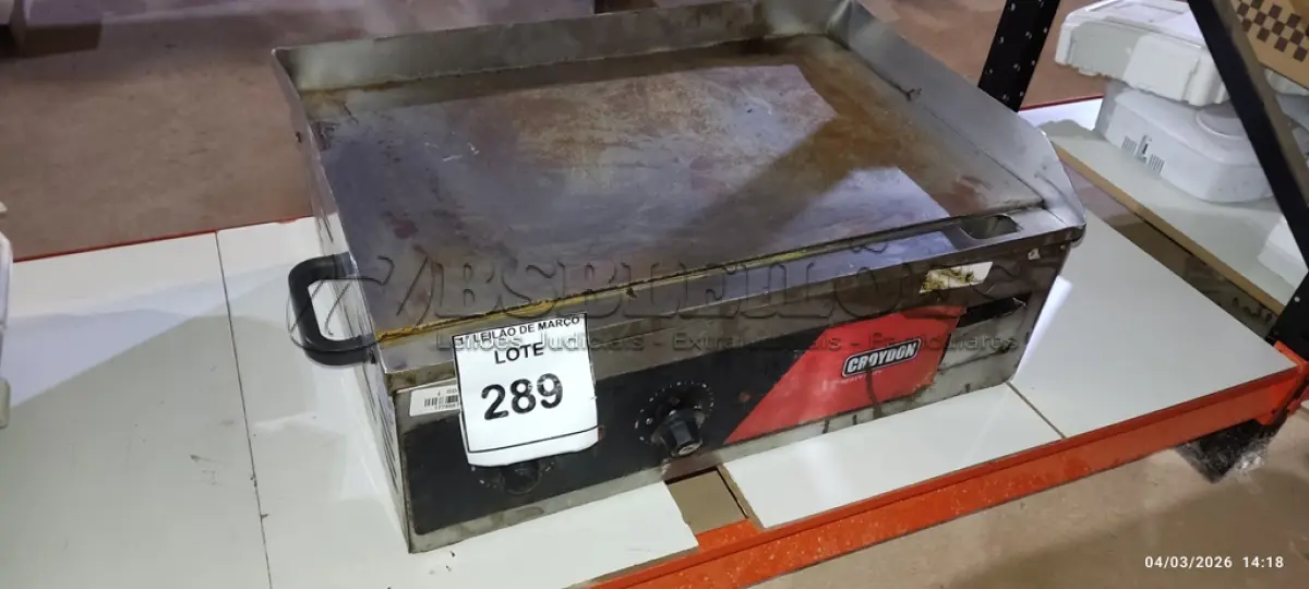 LOTE 289 - 01 CHAPA DE ALIMENTOS 220V MODELO CE06-20669-G MARCA CROYDON. (NO ESTADO) ATENÇÃO! FAZER A VISITAÇÃO ANTES DE ARREMATAR, NÃO SABEMOS SE FUNCIONA, LEILÃO NÃO TEM GARANTIA E NEM DEVOLUÇÃO, SUJEITO A POSSÍVEIS AVARIAS VISÍVEIS/OCULTAS E/OU AUSÊNCIA DE COMPONENTES.