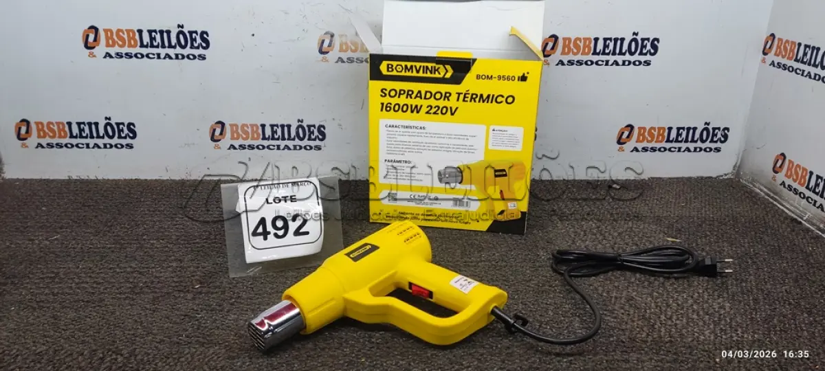 LOTE 492 - 01 SOPRADOR TÉRMICO 1.6000W 220V. (NO ESTADO) ATENÇÃO! FAZER A VISITAÇÃO ANTES DE ARREMATAR, NÃO SABEMOS SE FUNCIONA, LEILÃO NÃO TEM GARANTIA E NEM DEVOLUÇÃO, SUJEITO A POSSÍVEIS AVARIAS VISÍVEIS/OCULTAS E/OU AUSÊNCIA DE COMPONENTES.