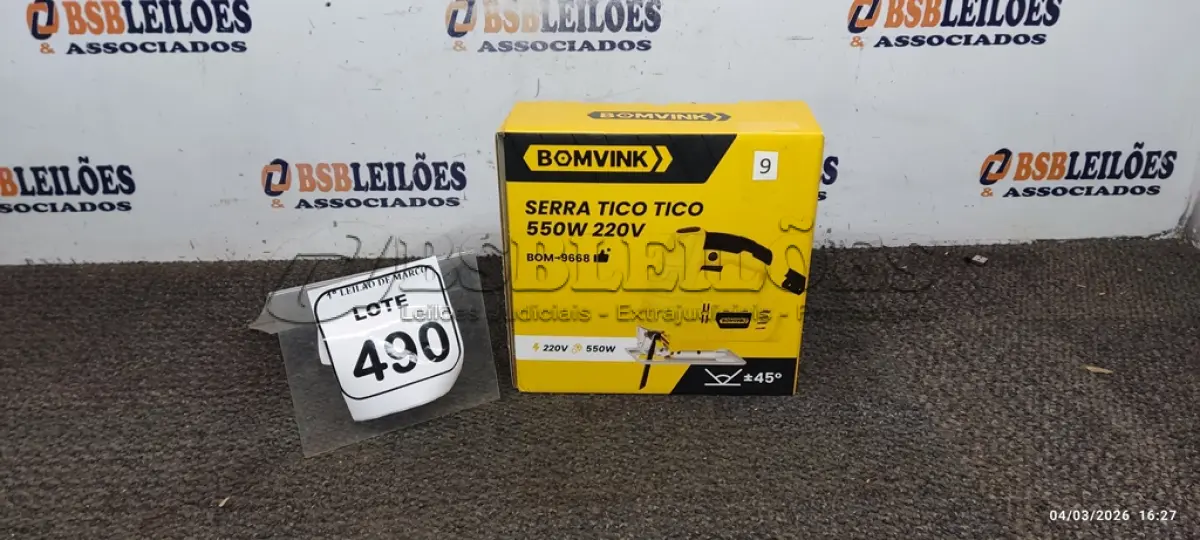 LOTE 490 - 01 SERRA TICO TICO 550W 220V (PRODUTO NOVO). (NO ESTADO) ATENÇÃO! FAZER A VISITAÇÃO ANTES DE ARREMATAR, NÃO SABEMOS SE FUNCIONA, LEILÃO NÃO TEM GARANTIA E NEM DEVOLUÇÃO, SUJEITO A POSSÍVEIS AVARIAS VISÍVEIS/OCULTAS E/OU AUSÊNCIA DE COMPONENTES.
