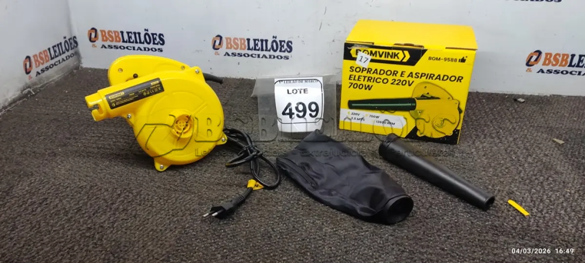 LOTE 499 - 01 SOPRADOR E ASPIRADOR ELÉTRICO 220V 700W. (NO ESTADO) ATENÇÃO! FAZER A VISITAÇÃO ANTES DE ARREMATAR, NÃO SABEMOS SE FUNCIONA, LEILÃO NÃO TEM GARANTIA E NEM DEVOLUÇÃO, SUJEITO A POSSÍVEIS AVARIAS VISÍVEIS/OCULTAS E/OU AUSÊNCIA DE COMPONENTES.
