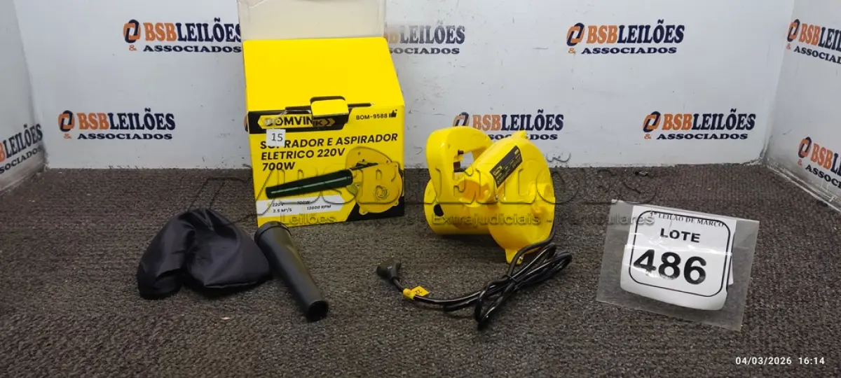 LOTE 486 - 01 SOPRADOR E ASPIRADOR ELÉTRICO 220V 700W. (NO ESTADO) ATENÇÃO! FAZER A VISITAÇÃO ANTES DE ARREMATAR, NÃO SABEMOS SE FUNCIONA, LEILÃO NÃO TEM GARANTIA E NEM DEVOLUÇÃO, SUJEITO A POSSÍVEIS AVARIAS VISÍVEIS/OCULTAS E/OU AUSÊNCIA DE COMPONENTES.