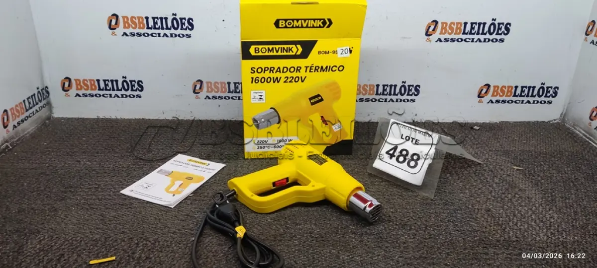 LOTE 488 - 01 SOPRADOR TÉRMICO 1.6000W 220V. (NO ESTADO) ATENÇÃO! FAZER A VISITAÇÃO ANTES DE ARREMATAR, NÃO SABEMOS SE FUNCIONA, LEILÃO NÃO TEM GARANTIA E NEM DEVOLUÇÃO, SUJEITO A POSSÍVEIS AVARIAS VISÍVEIS/OCULTAS E/OU AUSÊNCIA DE COMPONENTES.