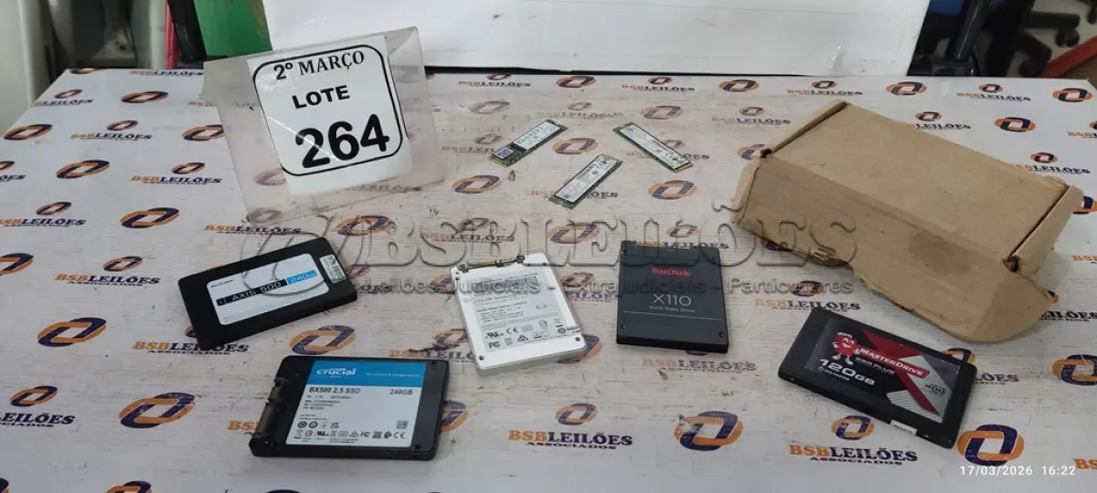 LOTE 264 - 08 SSD DE MARCAS E MODELOS DIVERSOS. (NO ESTADO) ATENÇÃO! FAZER A VISITAÇÃO ANTES DE ARREMATAR, NÃO SABEMOS SE FUNCIONA, LEILÃO NÃO TEM GARANTIA E NEM DEVOLUÇÃO, SUJEITO A POSSÍVEIS AVARIAS VISÍVEIS/OCULTAS E/OU AUSÊNCIA DE COMPONENTES.