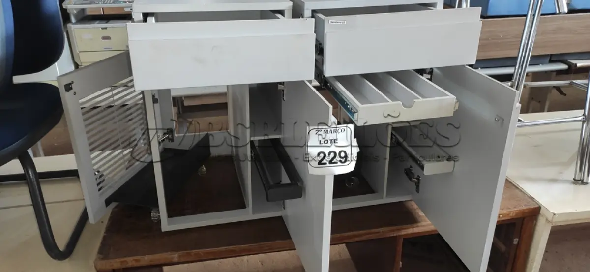 LOTE 229 - 02 ARMÁRIOS PARA CPU COM 01 PORTA E 01 GAVETA. (NO ESTADO) ATENÇÃO! FAZER A VISITAÇÃO ANTES DE ARREMATAR, NÃO SABEMOS SE FUNCIONA, LEILÃO NÃO TEM GARANTIA E NEM DEVOLUÇÃO, SUJEITO A POSSÍVEIS AVARIAS VISÍVEIS/OCULTAS E/OU AUSÊNCIA DE COMPONENTES.