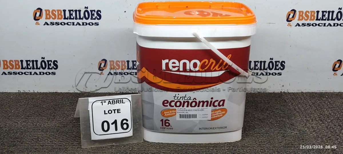 LOTE 016 - 01 BALDE DE TINTA ECONÔMICA SEMIBRILHO PARA INTERIORES E EXTERIORES DE 16L NA COR BRANCO NEVE MARCA RENOCRIL. (NO ESTADO) ATENÇÃO! FAZER A VISITAÇÃO ANTES DE ARREMATAR, NÃO SABEMOS SE FUNCIONA, LEILÃO NÃO TEM GARANTIA E NEM DEVOLUÇÃO, SUJEITO A POSSÍVEIS AVARIAS VISÍVEIS/OCULTAS E/OU AUSÊNCIA DE COMPONENTES.