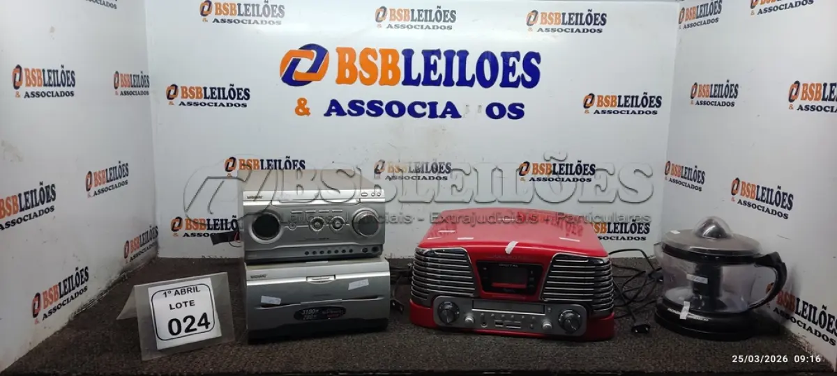 LOTE 024 - 01 MINI SYSTEM MODELO MHC-W25 MARCA SONY, 01 APARELHO DE SOM MARCA SONY, 01 VITROLA MODELO HARMONY MARCA RAVEO E 01 ESPREMEDOR DE FRUTAS MARCA MONDIAL. (NO ESTADO) ATENÇÃO! FAZER A VISITAÇÃO ANTES DE ARREMATAR, NÃO SABEMOS SE FUNCIONA, LEILÃO NÃO TEM GARANTIA E NEM DEVOLUÇÃO, SUJEITO A POSSÍVEIS AVARIAS VISÍVEIS/OCULTAS E/OU AUSÊNCIA DE COMPONENTES.