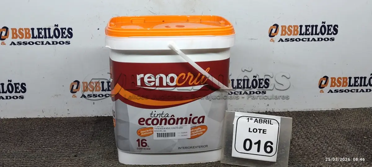 LOTE 016 - 01 BALDE DE TINTA ECONÔMICA SEMIBRILHO PARA INTERIORES E EXTERIORES DE 16L NA COR BRANCO NEVE MARCA RENOCRIL. (NO ESTADO) ATENÇÃO! FAZER A VISITAÇÃO ANTES DE ARREMATAR, NÃO SABEMOS SE FUNCIONA, LEILÃO NÃO TEM GARANTIA E NEM DEVOLUÇÃO, SUJEITO A POSSÍVEIS AVARIAS VISÍVEIS/OCULTAS E/OU AUSÊNCIA DE COMPONENTES.