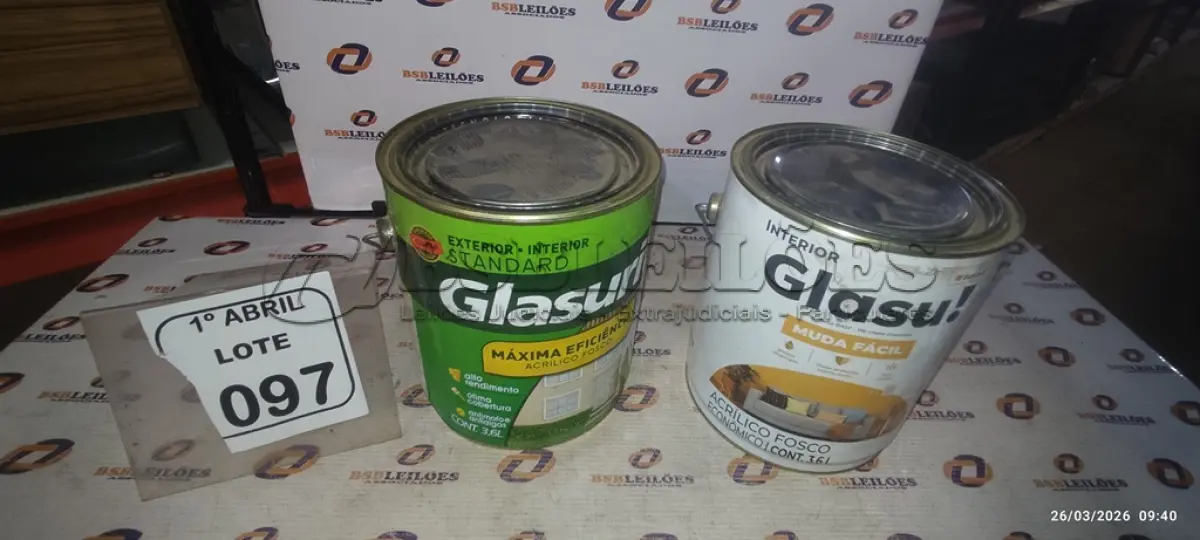 LOTE 097 - 01 LATA DE TINTA ACRÍLICA STANDARD FOSCO 3,6L INTERIOR/EXTERIOR MARCA GLASURIT E 01 LATA DE TINTA ACRÍLICA FOSCO CAMURÇA 3,6L INTERIOR/EXTERIOR MARCA GLASURIT. (NO ESTADO) ATENÇÃO! FAZER A VISITAÇÃO ANTES DE ARREMATAR, NÃO SABEMOS SE FUNCIONA, LEILÃO NÃO TEM GARANTIA E NEM DEVOLUÇÃO, SUJEITO A POSSÍVEIS AVARIAS VISÍVEIS/OCULTAS E/OU AUSÊNCIA DE COMPONENTES.
