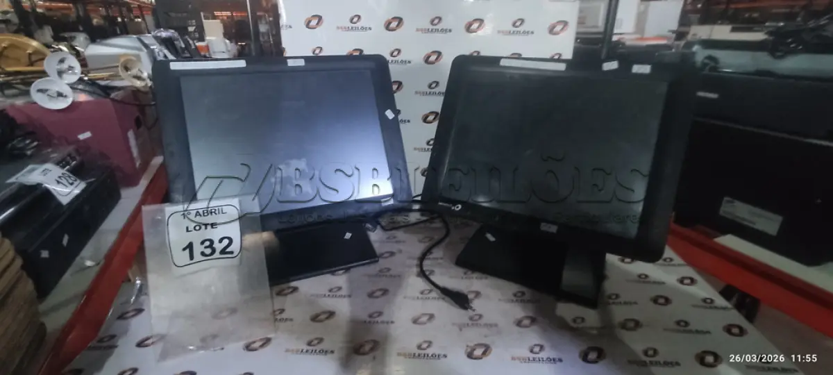LOTE 132 - 02 MONITORES TOUCH SCREEN MARCA BEMATECH. (NO ESTADO) ATENÇÃO! FAZER A VISITAÇÃO ANTES DE ARREMATAR, NÃO SABEMOS SE FUNCIONA, LEILÃO NÃO TEM GARANTIA E NEM DEVOLUÇÃO, SUJEITO A POSSÍVEIS AVARIAS VISÍVEIS/OCULTAS E/OU AUSÊNCIA DE COMPONENTES.