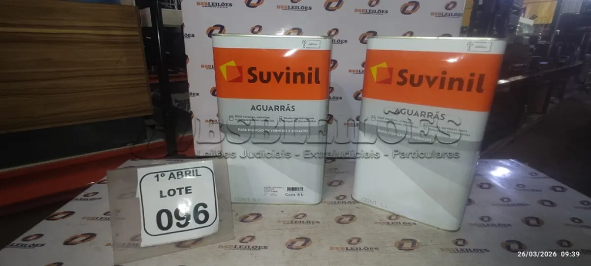 LOTE 096 - 02 LATAS DE AGUARRÁS DE 5L CADA MARCA SUVINIL. (NO ESTADO) ATENÇÃO! FAZER A VISITAÇÃO ANTES DE ARREMATAR, NÃO SABEMOS SE FUNCIONA, LEILÃO NÃO TEM GARANTIA E NEM DEVOLUÇÃO, SUJEITO A POSSÍVEIS AVARIAS VISÍVEIS/OCULTAS E/OU AUSÊNCIA DE COMPONENTES.