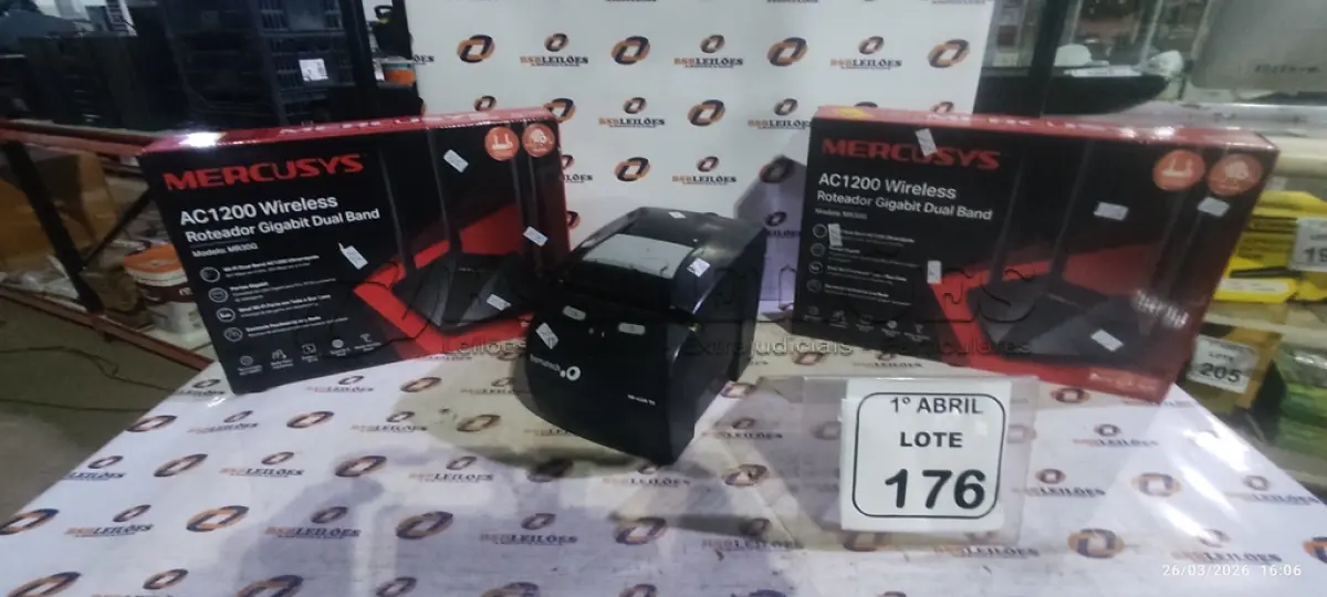 LOTE 176 - 01 IMPRESSORA DE CUPOM MARCA BEMATECH E 02 ROTEADORESDE INTERNET. (NO ESTADO) ATENÇÃO! FAZER A VISITAÇÃO ANTES DE ARREMATAR, NÃO SABEMOS SE FUNCIONA, LEILÃO NÃO TEM GARANTIA E NEM DEVOLUÇÃO, SUJEITO A POSSÍVEIS AVARIAS VISÍVEIS/OCULTAS E/OU AUSÊNCIA DE COMPONENTES.