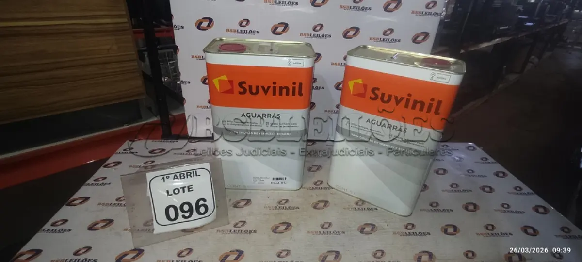 LOTE 096 - 02 LATAS DE AGUARRÁS DE 5L CADA MARCA SUVINIL. (NO ESTADO) ATENÇÃO! FAZER A VISITAÇÃO ANTES DE ARREMATAR, NÃO SABEMOS SE FUNCIONA, LEILÃO NÃO TEM GARANTIA E NEM DEVOLUÇÃO, SUJEITO A POSSÍVEIS AVARIAS VISÍVEIS/OCULTAS E/OU AUSÊNCIA DE COMPONENTES.
