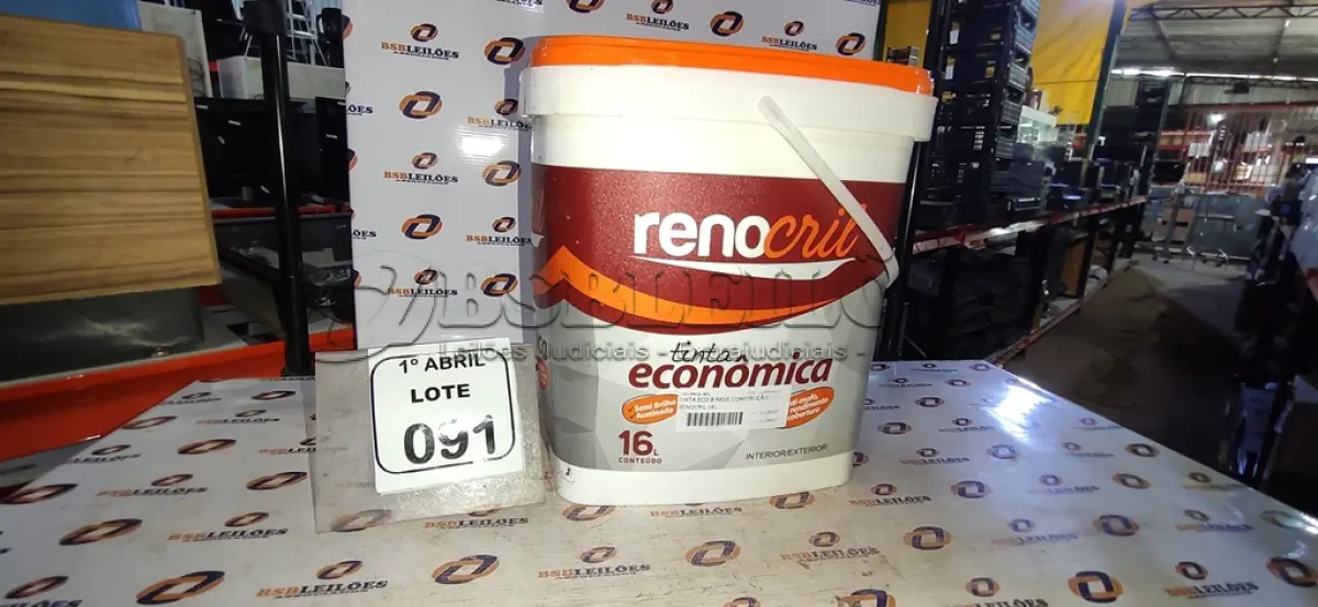 LOTE 091 - 01 BALDE DE TINTA ECONÔMICA SEMIBRILHO PARA INTERIORES E EXTERIORES DE 16L NA COR BRANCO NEVE MARCA RENOCRIL. (NO ESTADO) ATENÇÃO! FAZER A VISITAÇÃO ANTES DE ARREMATAR, NÃO SABEMOS SE FUNCIONA, LEILÃO NÃO TEM GARANTIA E NEM DEVOLUÇÃO, SUJEITO A POSSÍVEIS AVARIAS VISÍVEIS/OCULTAS E/OU AUSÊNCIA DE COMPONENTES.