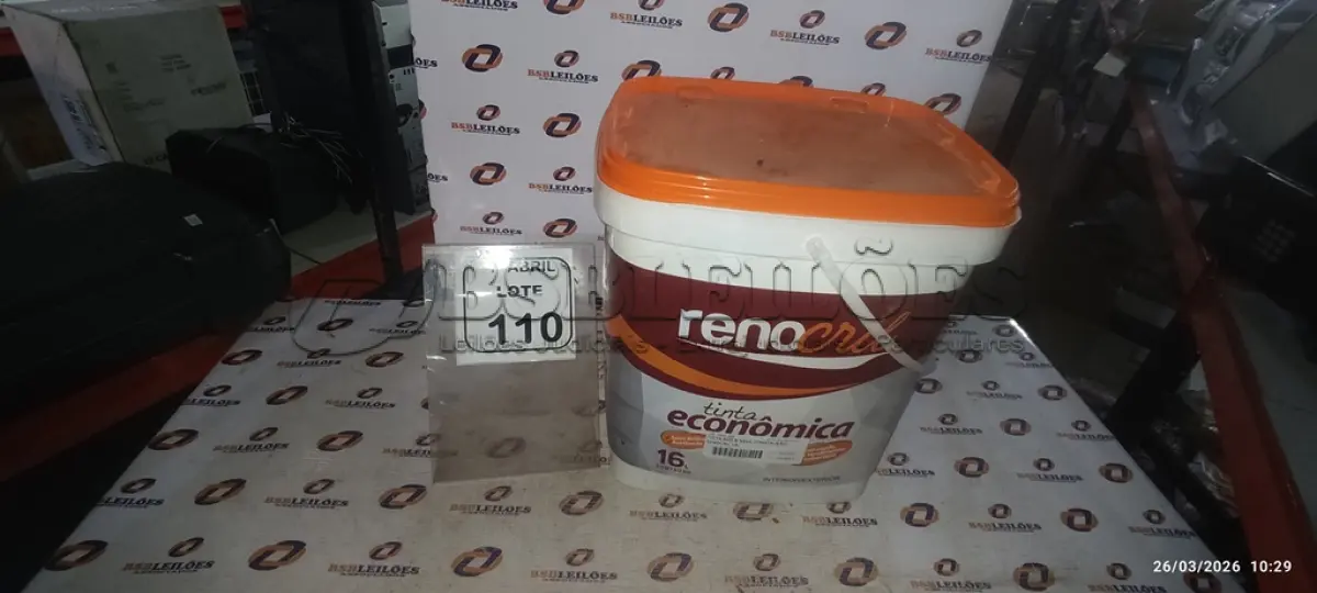 LOTE 110 - 01 BALDE DE TINTA ECONÔMICA SEMIBRILHO PARA INTERIORES E EXTERIORES DE 16L NA COR BRANCO NEVE MARCA RENOCRIL. (NO ESTADO) ATENÇÃO! FAZER A VISITAÇÃO ANTES DE ARREMATAR, NÃO SABEMOS SE FUNCIONA, LEILÃO NÃO TEM GARANTIA E NEM DEVOLUÇÃO, SUJEITO A POSSÍVEIS AVARIAS VISÍVEIS/OCULTAS E/OU AUSÊNCIA DE COMPONENTES.
