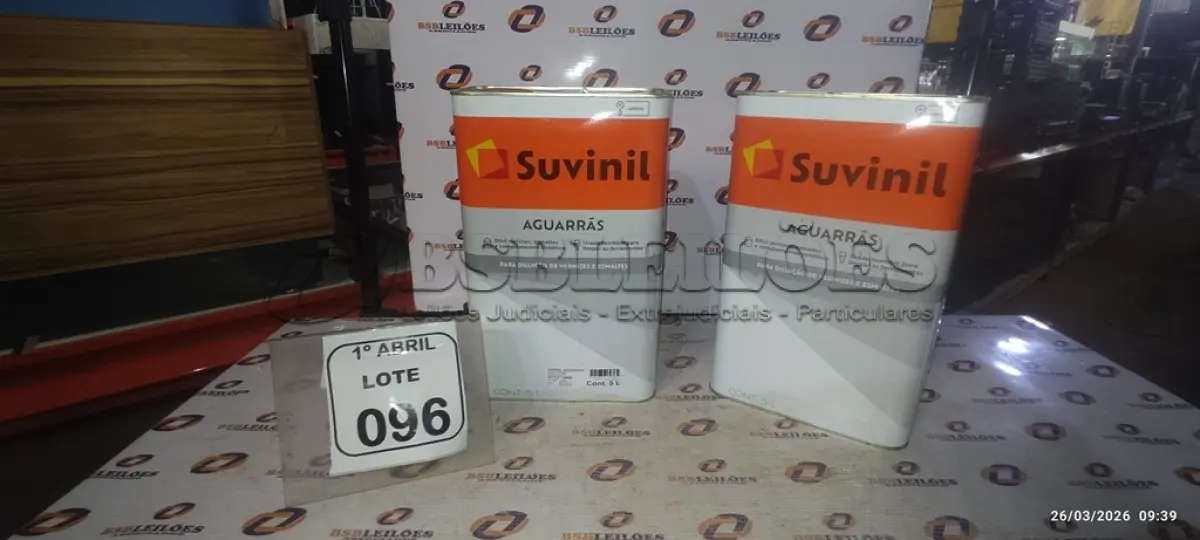 LOTE 096 - 02 LATAS DE AGUARRÁS DE 5L CADA MARCA SUVINIL. (NO ESTADO) ATENÇÃO! FAZER A VISITAÇÃO ANTES DE ARREMATAR, NÃO SABEMOS SE FUNCIONA, LEILÃO NÃO TEM GARANTIA E NEM DEVOLUÇÃO, SUJEITO A POSSÍVEIS AVARIAS VISÍVEIS/OCULTAS E/OU AUSÊNCIA DE COMPONENTES.