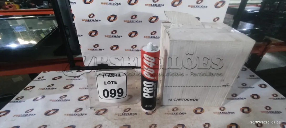 LOTE 099 - 01 CAIXA COM 12 PU 40 ADESIVO/SELANTES DE 230ML MARCA PRO. (NO ESTADO) ATENÇÃO! FAZER A VISITAÇÃO ANTES DE ARREMATAR, NÃO SABEMOS SE FUNCIONA, LEILÃO NÃO TEM GARANTIA E NEM DEVOLUÇÃO, SUJEITO A POSSÍVEIS AVARIAS VISÍVEIS/OCULTAS E/OU AUSÊNCIA DE COMPONENTES.