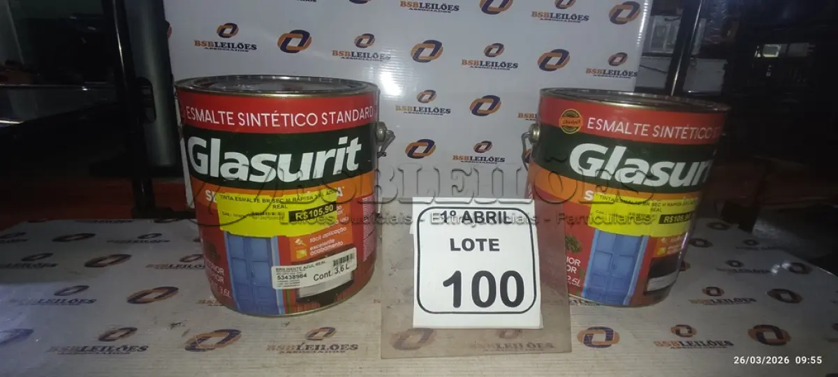 LOTE 100 - 02 LATAS DE TINTA ESMALTE SINTÉTICO STANDARD DE 3,6L NA COR BRILHANTE AZUL REAL MARCA GLASURIT. (NO ESTADO) ATENÇÃO! FAZER A VISITAÇÃO ANTES DE ARREMATAR, NÃO SABEMOS SE FUNCIONA, LEILÃO NÃO TEM GARANTIA E NEM DEVOLUÇÃO, SUJEITO A POSSÍVEIS AVARIAS VISÍVEIS/OCULTAS E/OU AUSÊNCIA DE COMPONENTES.
