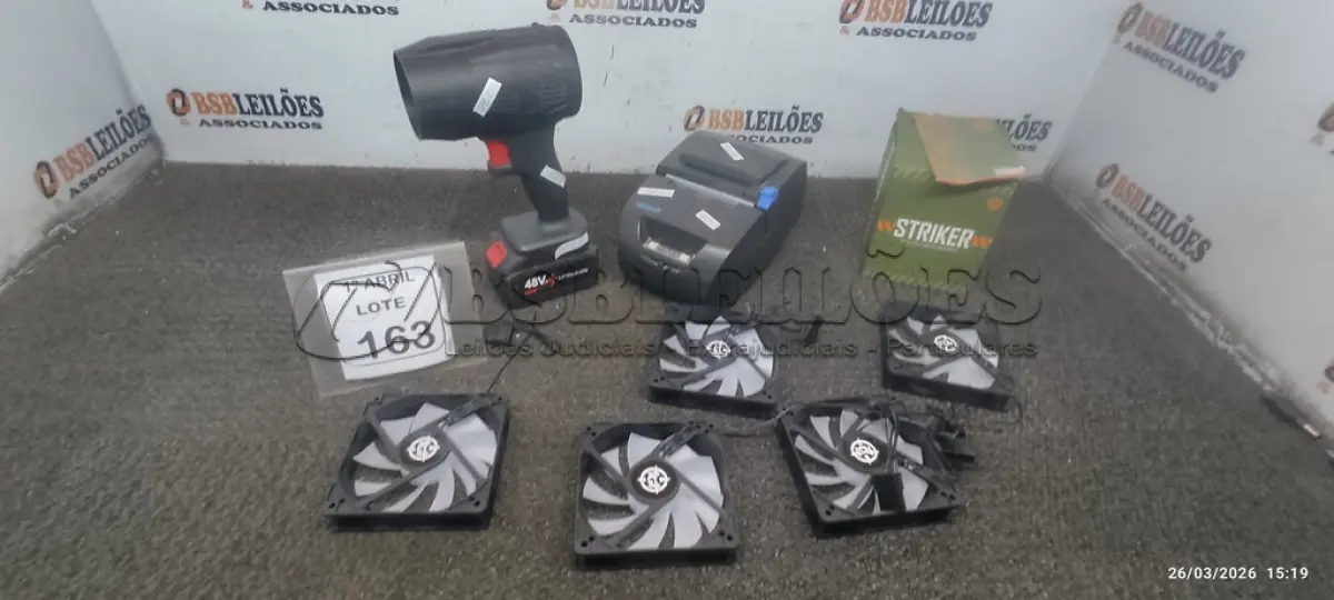 LOTE 163 - 01 SOPRADOR COM 01 BATERIA DE 48V, 05 VENTOINHAS RAINBOW MARCA STRIKER 3 01 IMPRESSORA DE CUPOM MARCA DIEBOLD. (NO ESTADO) ATENÇÃO! FAZER A VISITAÇÃO ANTES DE ARREMATAR, NÃO SABEMOS SE FUNCIONA, LEILÃO NÃO TEM GARANTIA E NEM DEVOLUÇÃO, SUJEITO A POSSÍVEIS AVARIAS VISÍVEIS/OCULTAS E/OU AUSÊNCIA DE COMPONENTES.