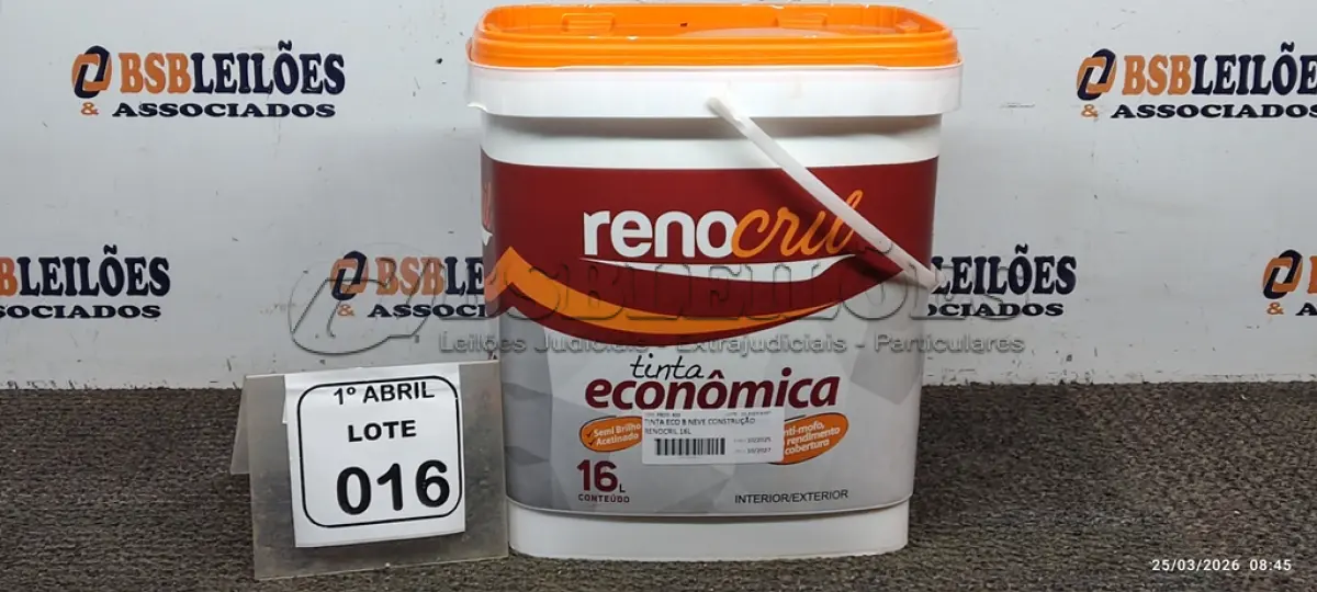 LOTE 016 - 01 BALDE DE TINTA ECONÔMICA SEMIBRILHO PARA INTERIORES E EXTERIORES DE 16L NA COR BRANCO NEVE MARCA RENOCRIL. (NO ESTADO) ATENÇÃO! FAZER A VISITAÇÃO ANTES DE ARREMATAR, NÃO SABEMOS SE FUNCIONA, LEILÃO NÃO TEM GARANTIA E NEM DEVOLUÇÃO, SUJEITO A POSSÍVEIS AVARIAS VISÍVEIS/OCULTAS E/OU AUSÊNCIA DE COMPONENTES.
