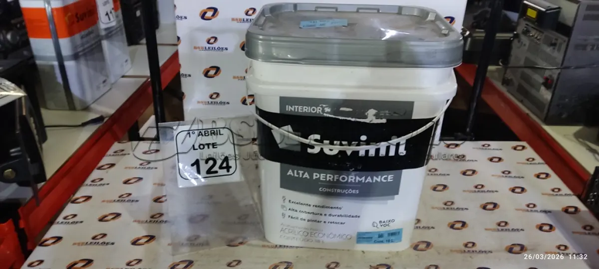 LOTE 124 - 01 BALDE DE TINTA ACRÍLICO ECONÔMICO INTERIOR 18L NA COR FOSCO BRANCO MARCA SUVINIL. (NO ESTADO) ATENÇÃO! FAZER A VISITAÇÃO ANTES DE ARREMATAR, NÃO SABEMOS SE FUNCIONA, LEILÃO NÃO TEM GARANTIA E NEM DEVOLUÇÃO, SUJEITO A POSSÍVEIS AVARIAS VISÍVEIS/OCULTAS E/OU AUSÊNCIA DE COMPONENTES.
