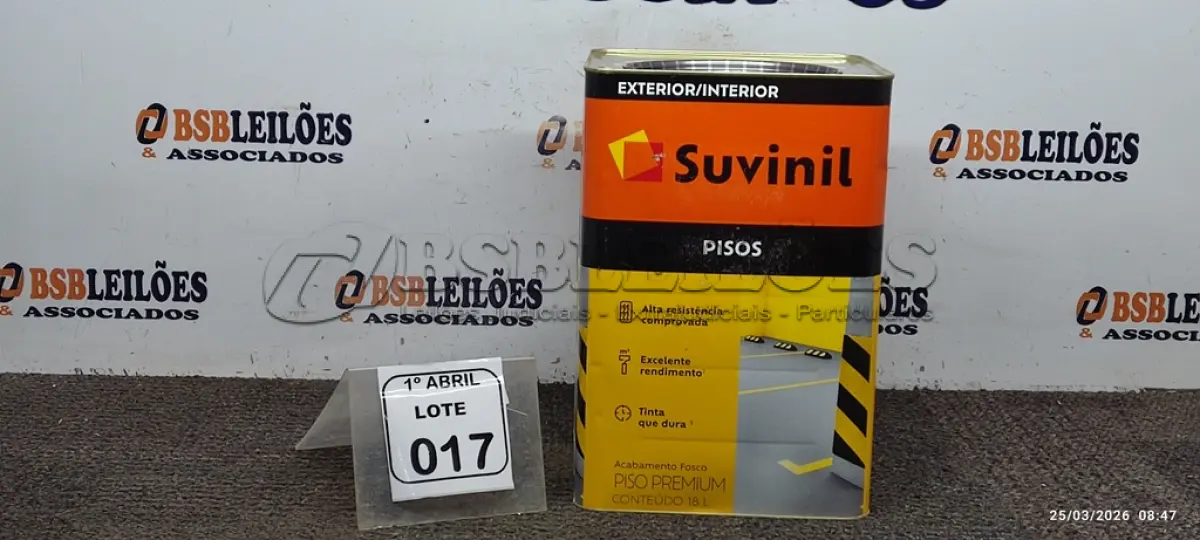 LOTE 017 - 01 LATA DE TINTA PARA PISOS DE 18L NA COR FOSCO CINZA ESCURO MARCA SUVINIL. (NO ESTADO) ATENÇÃO! FAZER A VISITAÇÃO ANTES DE ARREMATAR, NÃO SABEMOS SE FUNCIONA, LEILÃO NÃO TEM GARANTIA E NEM DEVOLUÇÃO, SUJEITO A POSSÍVEIS AVARIAS VISÍVEIS/OCULTAS E/OU AUSÊNCIA DE COMPONENTES.