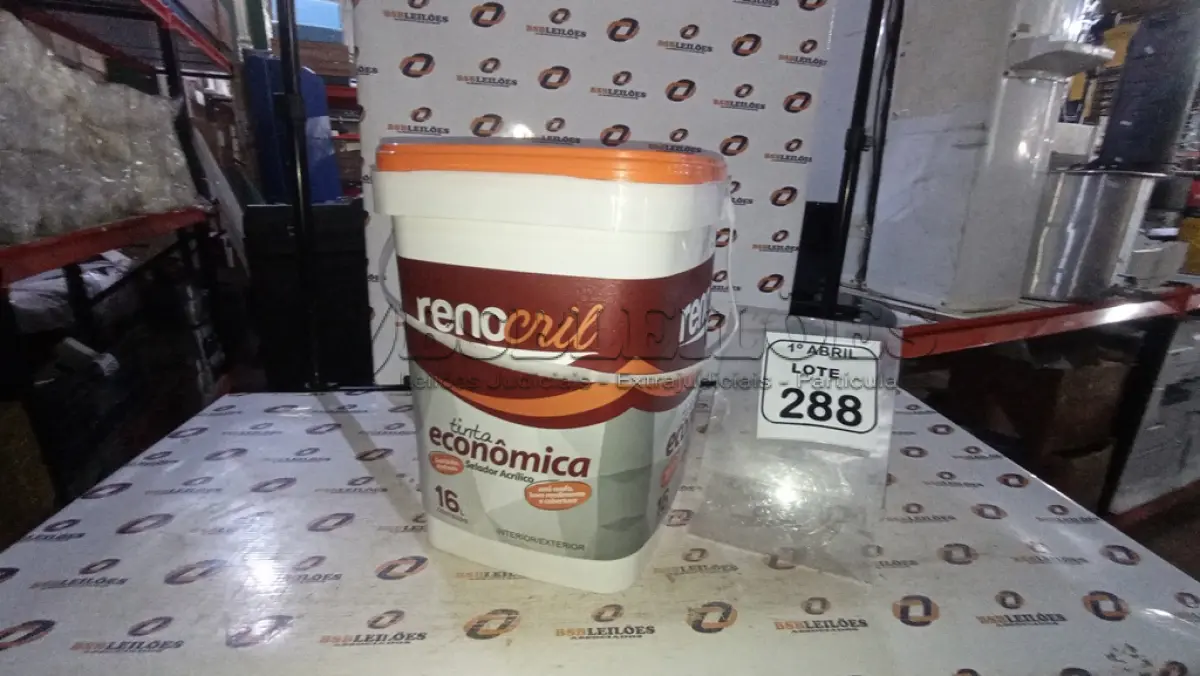 LOTE 288 - 01 BALDE DE TINTA ECONÔMICA SEMIBRILHO PARA INTERIORES E EXTERIORES DE 16L NA COR BRANCO NEVE MARCA RENOCRIL. (NO ESTADO) ATENÇÃO! FAZER A VISITAÇÃO ANTES DE ARREMATAR, NÃO SABEMOS SE FUNCIONA, LEILÃO NÃO TEM GARANTIA E NEM DEVOLUÇÃO, SUJEITO A POSSÍVEIS AVARIAS VISÍVEIS/OCULTAS E/OU AUSÊNCIA DE COMPONENTES.