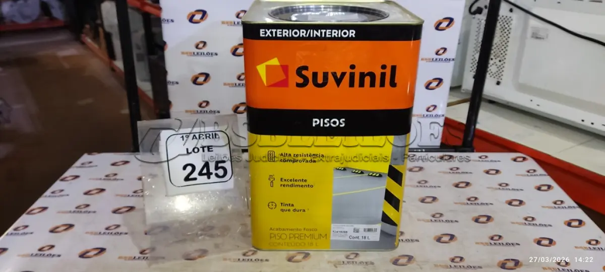 LOTE 245 - 01 LATA DE TINTA PARA PISOS DE 18L NA COR FOSCO CINZA ESCURO MARCA SUVINIL. (NO ESTADO) ATENÇÃO! FAZER A VISITAÇÃO ANTES DE ARREMATAR, NÃO SABEMOS SE FUNCIONA, LEILÃO NÃO TEM GARANTIA E NEM DEVOLUÇÃO, SUJEITO A POSSÍVEIS AVARIAS VISÍVEIS/OCULTAS E/OU AUSÊNCIA DE COMPONENTES.