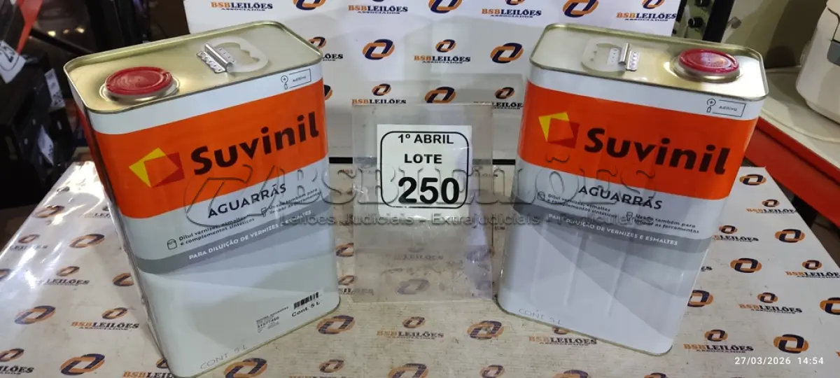 LOTE 250 - 02 LATAS DE AGUARRÁS DE 5L CADA MARCA SUVINIL. (NO ESTADO) ATENÇÃO! FAZER A VISITAÇÃO ANTES DE ARREMATAR, NÃO SABEMOS SE FUNCIONA, LEILÃO NÃO TEM GARANTIA E NEM DEVOLUÇÃO, SUJEITO A POSSÍVEIS AVARIAS VISÍVEIS/OCULTAS E/OU AUSÊNCIA DE COMPONENTES.