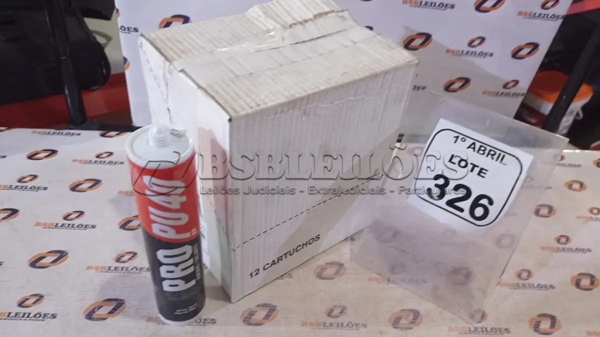LOTE 326 - 01 CAIXA COM 12 PU 40 ADESIVO/SELANTES DE 230ML MARCA PRO. (NO ESTADO) ATENÇÃO! FAZER A VISITAÇÃO ANTES DE ARREMATAR, NÃO SABEMOS SE FUNCIONA, LEILÃO NÃO TEM GARANTIA E NEM DEVOLUÇÃO, SUJEITO A POSSÍVEIS AVARIAS VISÍVEIS/OCULTAS E/OU AUSÊNCIA DE COMPONENTES.