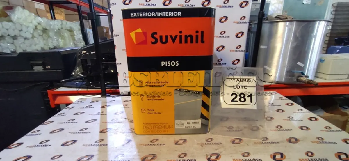 LOTE 281 - 01 LATA DE TINTA PARA PISOS DE 18L NA COR FOSCO CINZA ESCURO MARCA SUVINIL. (NO ESTADO) ATENÇÃO! FAZER A VISITAÇÃO ANTES DE ARREMATAR, NÃO SABEMOS SE FUNCIONA, LEILÃO NÃO TEM GARANTIA E NEM DEVOLUÇÃO, SUJEITO A POSSÍVEIS AVARIAS VISÍVEIS/OCULTAS E/OU AUSÊNCIA DE COMPONENTES.