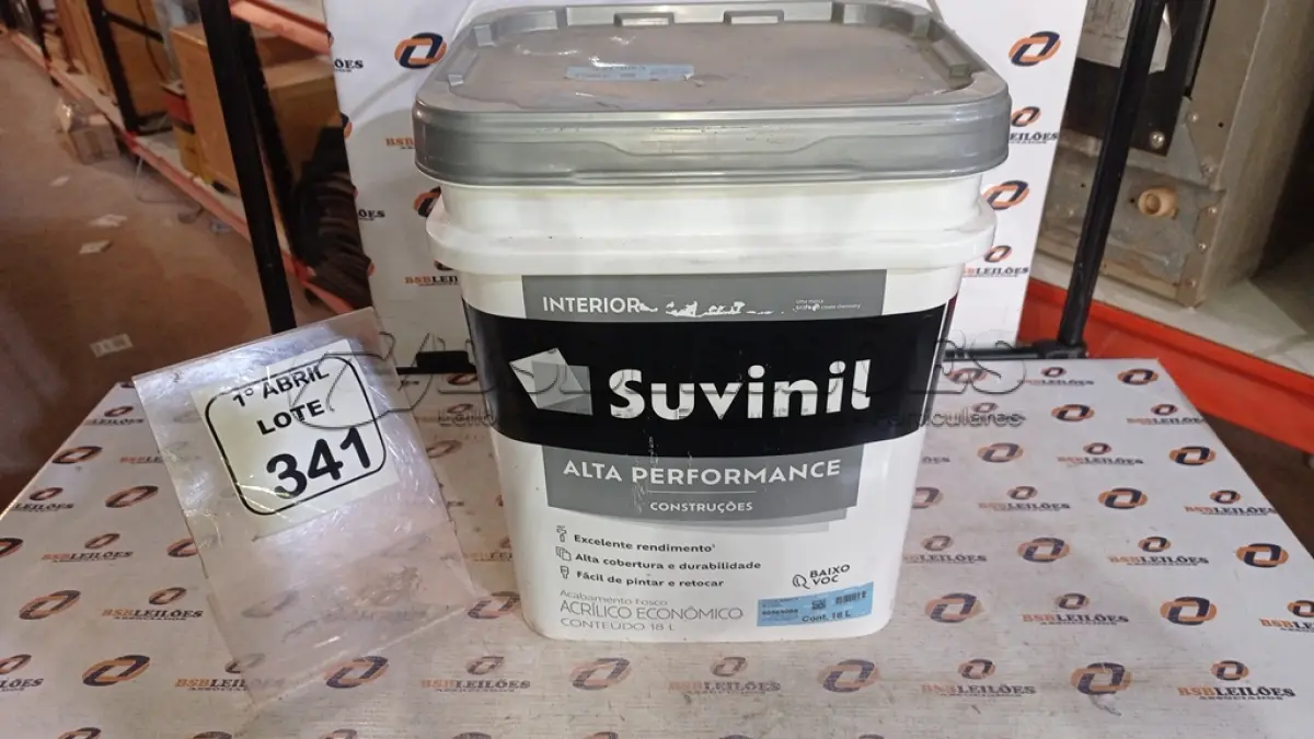 LOTE 341 - 01 BALDE DE TINTA ACRÍLICO ECONÔMICO INTERIOR 18L NA COR FOSCO BRANCO MARCA SUVINIL. (NO ESTADO) ATENÇÃO! FAZER A VISITAÇÃO ANTES DE ARREMATAR, NÃO SABEMOS SE FUNCIONA, LEILÃO NÃO TEM GARANTIA E NEM DEVOLUÇÃO, SUJEITO A POSSÍVEIS AVARIAS VISÍVEIS/OCULTAS E/OU AUSÊNCIA DE COMPONENTES.