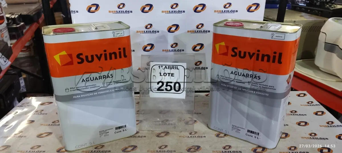 LOTE 250 - 02 LATAS DE AGUARRÁS DE 5L CADA MARCA SUVINIL. (NO ESTADO) ATENÇÃO! FAZER A VISITAÇÃO ANTES DE ARREMATAR, NÃO SABEMOS SE FUNCIONA, LEILÃO NÃO TEM GARANTIA E NEM DEVOLUÇÃO, SUJEITO A POSSÍVEIS AVARIAS VISÍVEIS/OCULTAS E/OU AUSÊNCIA DE COMPONENTES.
