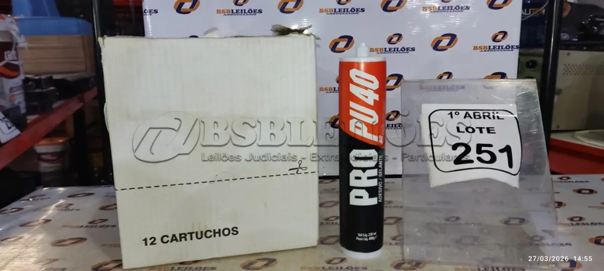 LOTE 251 - 01 CAIXA COM 12 PU 40 ADESIVO/SELANTES DE 230ML MARCA PRO. (NO ESTADO) ATENÇÃO! FAZER A VISITAÇÃO ANTES DE ARREMATAR, NÃO SABEMOS SE FUNCIONA, LEILÃO NÃO TEM GARANTIA E NEM DEVOLUÇÃO, SUJEITO A POSSÍVEIS AVARIAS VISÍVEIS/OCULTAS E/OU AUSÊNCIA DE COMPONENTES.