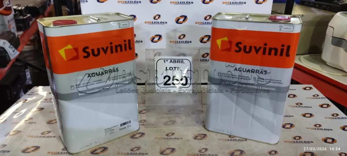 LOTE 250 - 02 LATAS DE AGUARRÁS DE 5L CADA MARCA SUVINIL. (NO ESTADO) ATENÇÃO! FAZER A VISITAÇÃO ANTES DE ARREMATAR, NÃO SABEMOS SE FUNCIONA, LEILÃO NÃO TEM GARANTIA E NEM DEVOLUÇÃO, SUJEITO A POSSÍVEIS AVARIAS VISÍVEIS/OCULTAS E/OU AUSÊNCIA DE COMPONENTES.