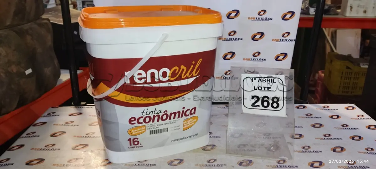 LOTE 268 - 01 BALDE DE TINTA ECONÔMICA SEMIBRILHO PARA INTERIORES E EXTERIORES DE 16L NA COR BRANCO NEVE MARCA RENOCRIL. (NO ESTADO) ATENÇÃO! FAZER A VISITAÇÃO ANTES DE ARREMATAR, NÃO SABEMOS SE FUNCIONA, LEILÃO NÃO TEM GARANTIA E NEM DEVOLUÇÃO, SUJEITO A POSSÍVEIS AVARIAS VISÍVEIS/OCULTAS E/OU AUSÊNCIA DE COMPONENTES.
