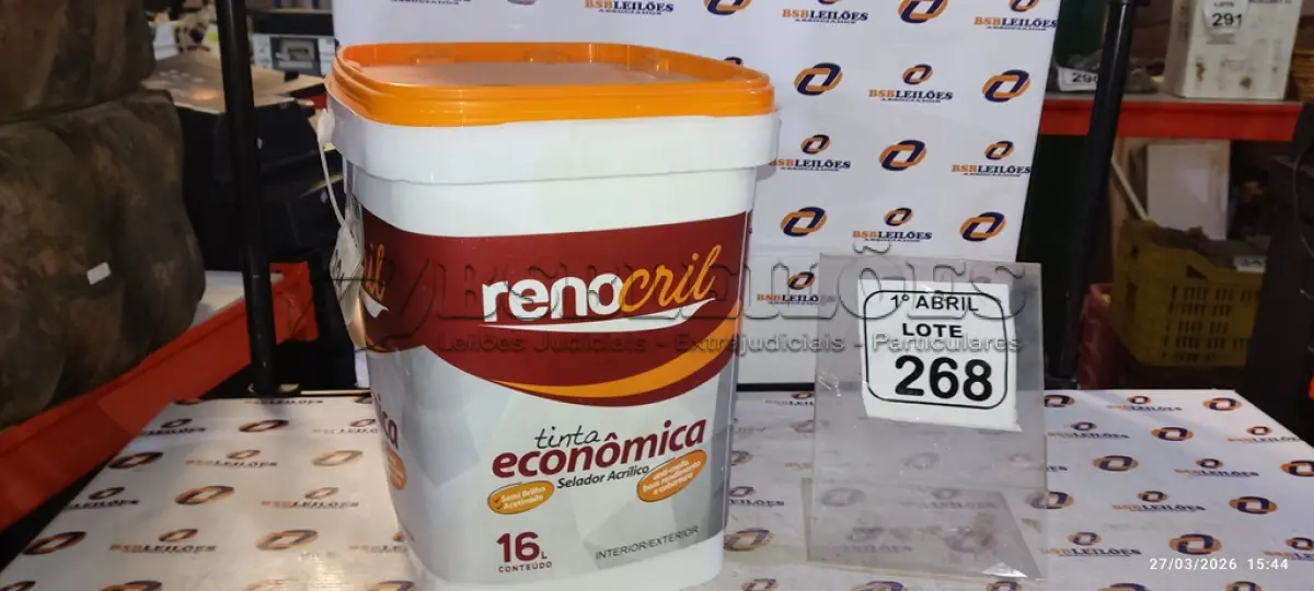 LOTE 268 - 01 BALDE DE TINTA ECONÔMICA SEMIBRILHO PARA INTERIORES E EXTERIORES DE 16L NA COR BRANCO NEVE MARCA RENOCRIL. (NO ESTADO) ATENÇÃO! FAZER A VISITAÇÃO ANTES DE ARREMATAR, NÃO SABEMOS SE FUNCIONA, LEILÃO NÃO TEM GARANTIA E NEM DEVOLUÇÃO, SUJEITO A POSSÍVEIS AVARIAS VISÍVEIS/OCULTAS E/OU AUSÊNCIA DE COMPONENTES.
