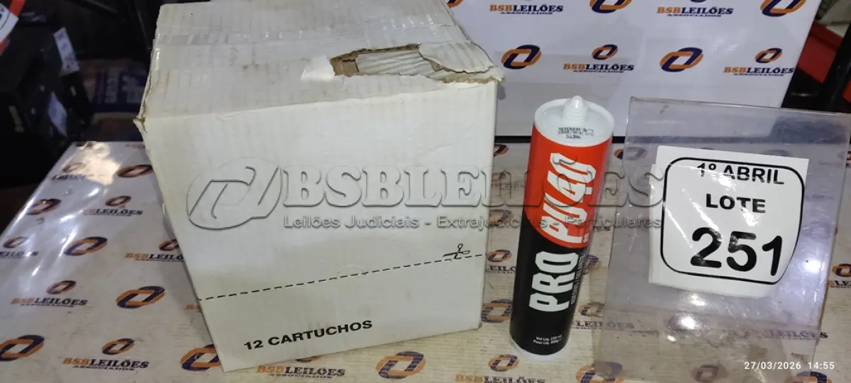 LOTE 251 - 01 CAIXA COM 12 PU 40 ADESIVO/SELANTES DE 230ML MARCA PRO. (NO ESTADO) ATENÇÃO! FAZER A VISITAÇÃO ANTES DE ARREMATAR, NÃO SABEMOS SE FUNCIONA, LEILÃO NÃO TEM GARANTIA E NEM DEVOLUÇÃO, SUJEITO A POSSÍVEIS AVARIAS VISÍVEIS/OCULTAS E/OU AUSÊNCIA DE COMPONENTES.