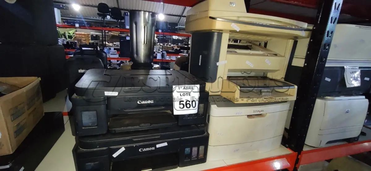 LOTE 560 - 01 IMPRESSORA MARCA LEXMARK E 02 IMPRESSORAS COLORIDAS MARCA CANON. (NO ESTADO) ATENÇÃO! FAZER A VISITAÇÃO ANTES DE ARREMATAR, NÃO SABEMOS SE FUNCIONA, LEILÃO NÃO TEM GARANTIA E NEM DEVOLUÇÃO, SUJEITO A POSSÍVEIS AVARIAS VISÍVEIS/OCULTAS E/OU AUSÊNCIA DE COMPONENTES.