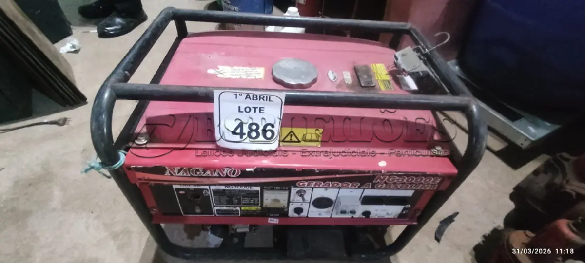LOTE 486 - 01 GERADOR DE ENERGIA MODELO NG3000E DE 3,5 KVA. (NO ESTADO) ATENÇÃO! FAZER A VISITAÇÃO ANTES DE ARREMATAR, NÃO SABEMOS SE FUNCIONA, LEILÃO NÃO TEM GARANTIA E NEM DEVOLUÇÃO, SUJEITO A POSSÍVEIS AVARIAS VISÍVEIS/OCULTAS E/OU AUSÊNCIA DE COMPONENTES.